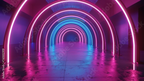 Neon arched corridor ,Colorful Neon corridor background, A burst of neon hues electrifies the space, igniting a sense of wonder and excitement.