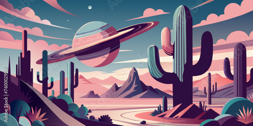 Stylized flat illustration of a desert landscape at sunset with cacti and sombrero. Festive poster, mexican background, Mexico backdrop for festival Cinco de mayo