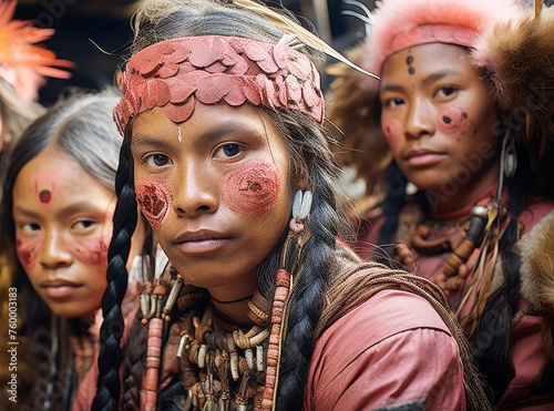 Three people with traditional jewelry and headdresses, representatives of a culture or tribe Concept: cultural diversity, social studies, ethnography, cultures and traditions.