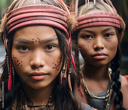 Three people with traditional jewelry and headdresses, representatives of a culture or tribe Concept: cultural diversity, social studies, ethnography, cultures and traditions.