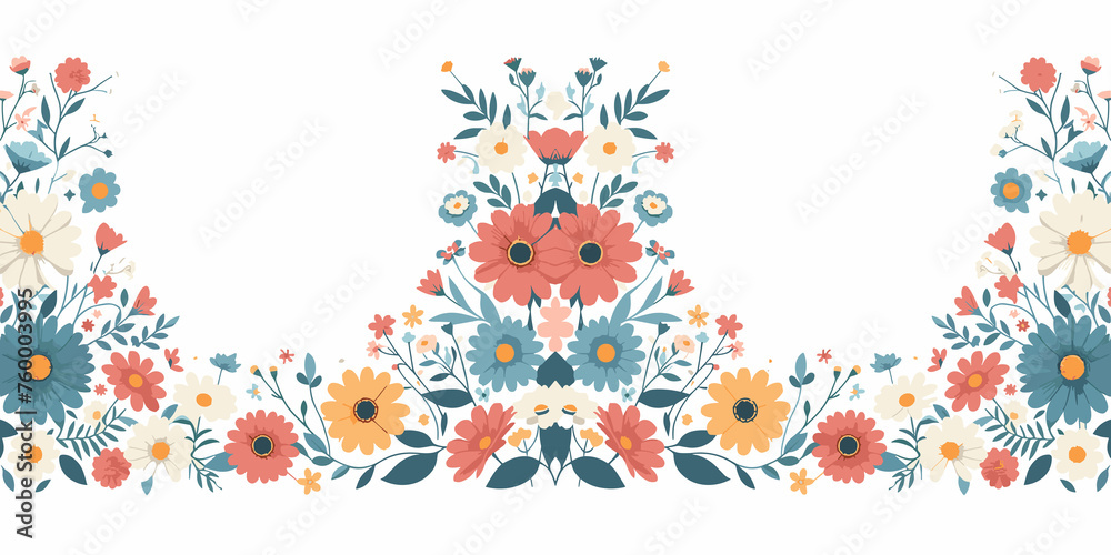 Seamless border with flowers and leaves in retro style, colorful spring flowers, Vector illustration, generative ai Seamless border with flowers and leaves in retro style, colorful spring flowers, Vector illustration, generative ai