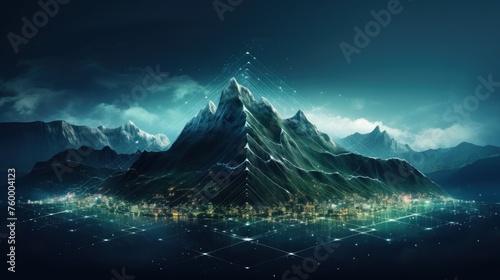 Illustrate the abstract resilience of IT systems, with digital mountains representing the strength to withstand challenges