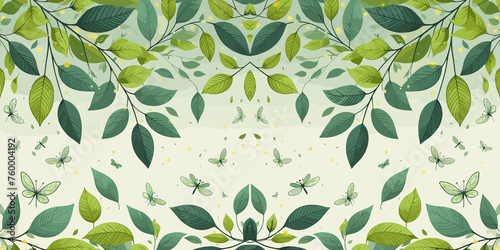 Seamless pattern with green leaves and butterflies, decorative background, Vector illustration, generative ai
