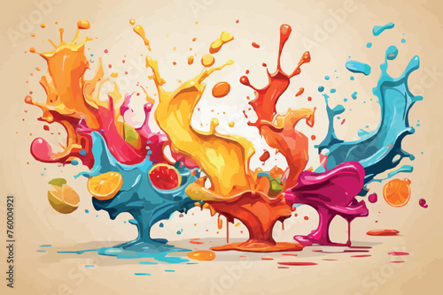 Juice fruit mix splash. Isolated vector vibrant fruity eruption, colorful splashing, realistic refreshing blend of citrus, berries, and tropical flavors. photo