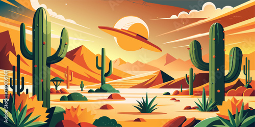 Stylized flat vector desert landscape with cacti, mountains, and a colorful sunset sky. Festive poster, mexican background, Mexico backdrop for festival Cinco de mayo
