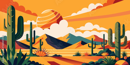 Stylized flat vector desert landscape with cacti, mountains, and a colorful sunset sky. Festive poster, mexican background, Mexico backdrop for festival Cinco de mayo