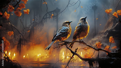 Two birds sit on a branch against the backdrop of a burning city with flickering lights and a mysterious atmosphere. Concept: birds, firestorm, massive fire