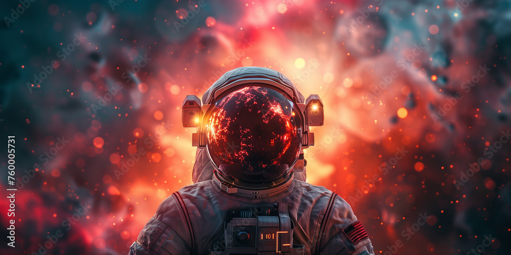 A man in a space suit is standing in front of a red and orange explosion - obrazy, fototapety, plakaty 