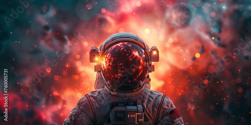 A man in a space suit is standing in front of a red and orange explosion #760005731