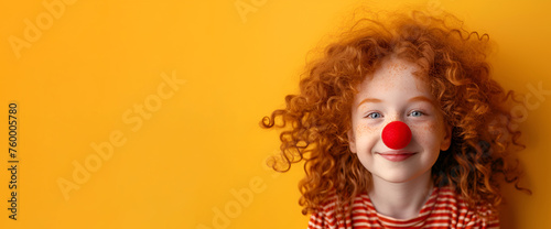 Little red-haired curly with a red clown nose on a yellow background, April Fool's Day