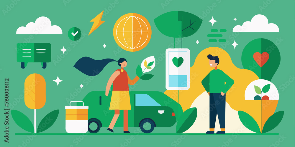 Flat design vector illustration concept of green eco friendly lifestyle. Man and woman standing near the car, holding hands.