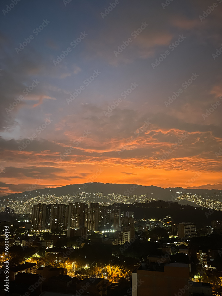 Orange morning sky, sunrise in Medellin, Colombia