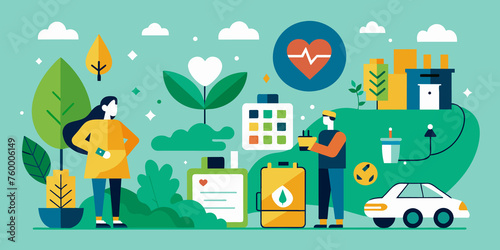 Flat design vector illustration concept of eco friendly lifestyle. People with eco friendly lifestyle.