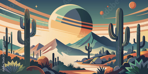 Vibrant digital illustration of a tranquil desert sunset with cacti and mountains in a minimalist flat design landscape, showcasing the arid and peaceful nature of the southwestern environment photo