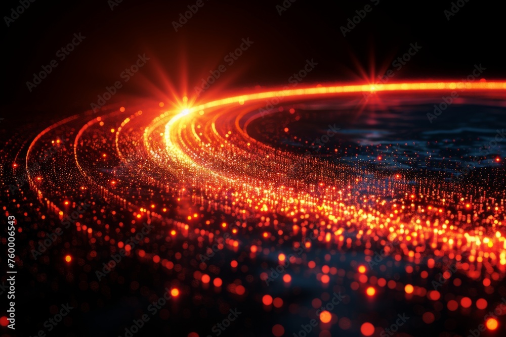Swirling trails of red and orange light particles creating a dynamic sense of motion on a dark backdrop Swirling trails of red and orange light particles creating a dynamic sense of motion on a dark backdrop