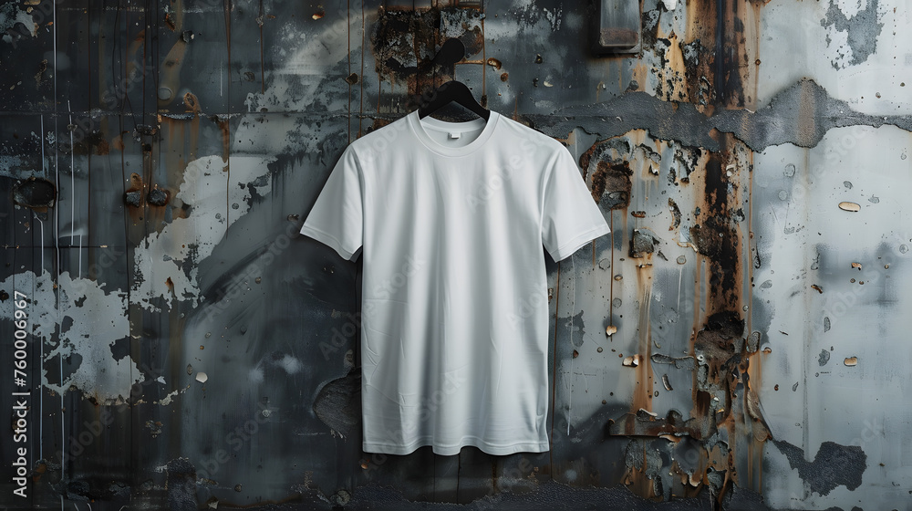 A white tshirt, part of outerwear, hangs on a hanger against a rusty wall. The simple design and font make it suitable for any event or as part of a uniform