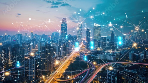 Digitally enhanced image illustrating a bustling smart city network with glowing connections and data points over an urban skyline. AIG41