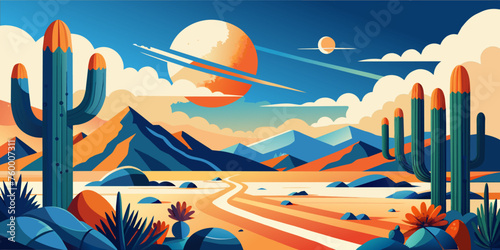 Serene flat vector artwork of a desert scene at sunset with cacti and mountains. Festive poster, mexican background, Mexico backdrop for festival Cinco de mayo