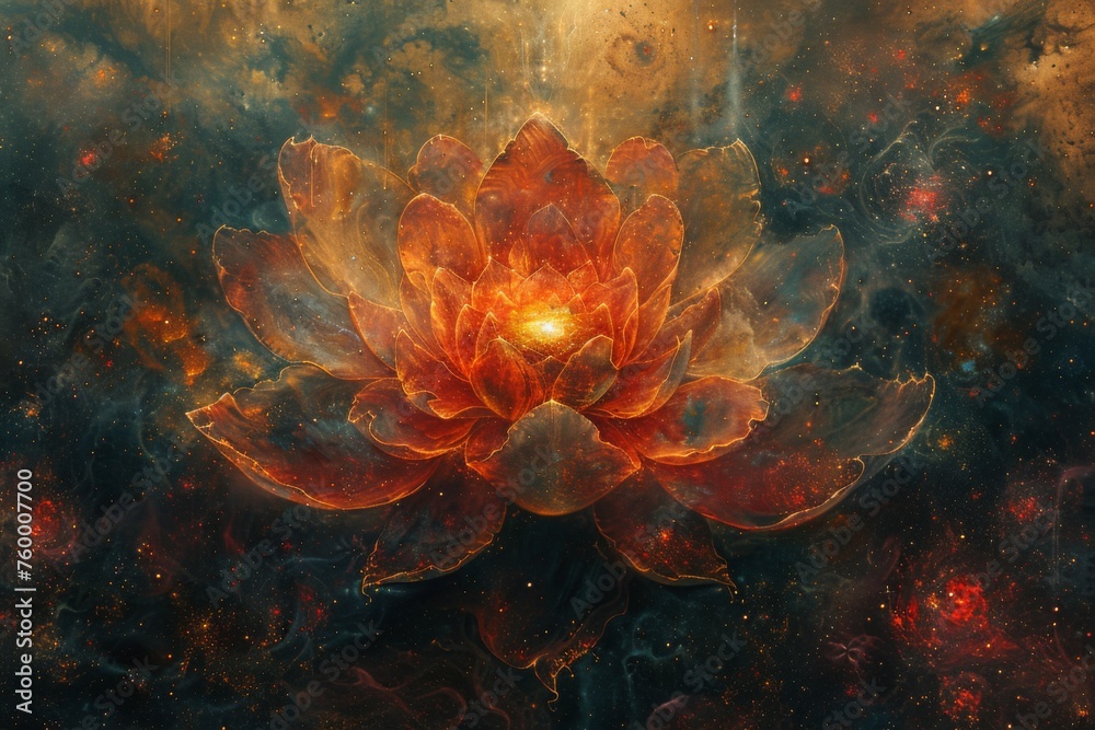 A glowing cosmic lotus flower with red and orange petals against a dark, star-filled space backdrop, symbolizing cosmic beauty. A glowing cosmic lotus flower with red and orange petals against a dark, star-filled space backdrop, symbolizing cosmic beauty.