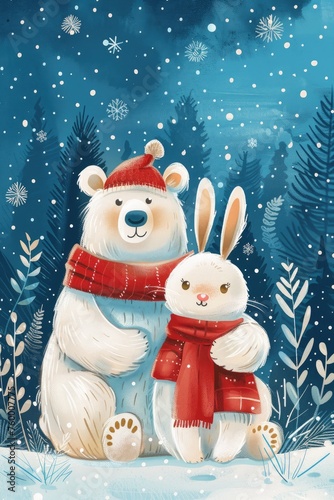 holiday, two characters art postcard, white bear and white bunny © Галина Давыдович