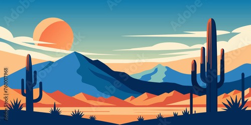 Serene flat vector artwork of a desert scene at sunset with cacti and mountains. Festive poster, mexican background, Mexico backdrop for festival Cinco de mayo