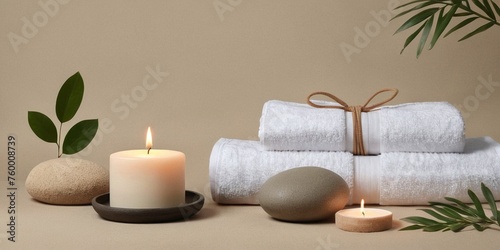 Spa still life with towels, candles and stones on beige background.