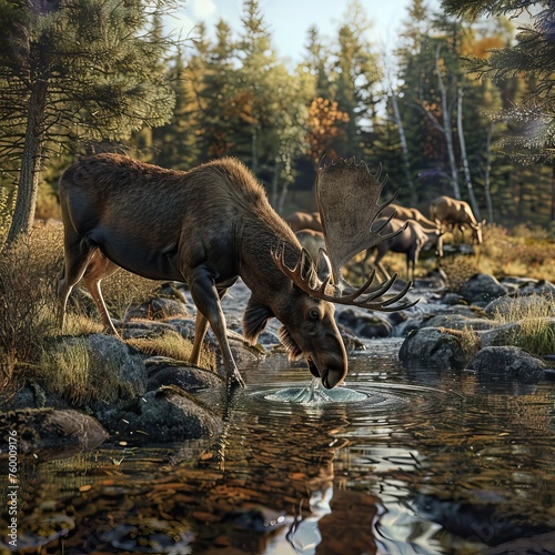 A majestic adult deer drinking water in the forest