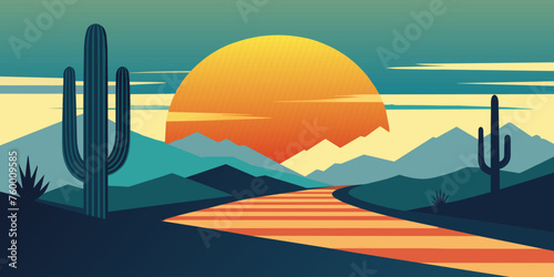 Vibrant flat illustration of a desert landscape at sunset, featuring cacti and a curving road. Festive poster, mexican background, Mexico backdrop for festival Cinco de mayo