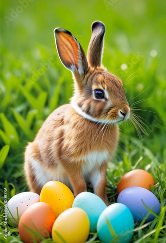 cute hare on a meadow beside easter eggs. generative ai