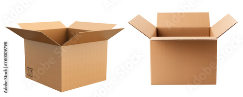 Realistic cardboard box set, open isolated. Parcel packaging template.