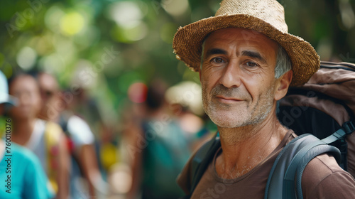 Summer travelling. Portrait of mature man walking through rainforest with tour group. Copy space.