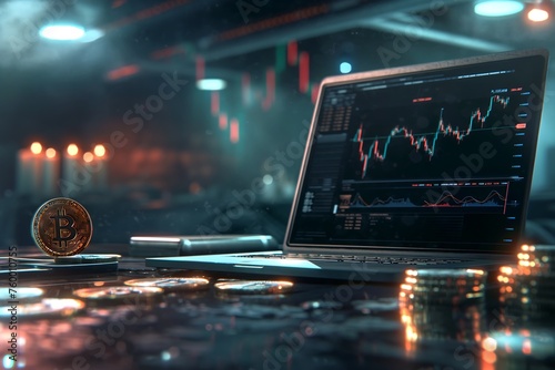 table with an open laptop and several Bitcoin coins placed on it. The laptop screen displays a rising crypto chart photo