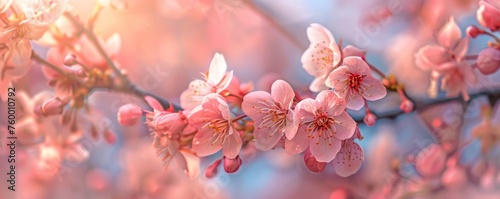 Close-up of Spring Cherry Blossoms in Bloom - Soft light captures the delicate pink cherry blossoms against a blurred blue background  signaling the arrival of spring and renewal