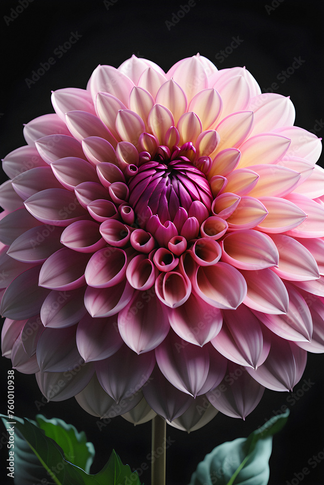 Drama in Bloom: A captivating dahlia unfurls its magnificent pink petals against a stark black background, highlighting its unique form in a mesmerizing display of contrast. generative AI