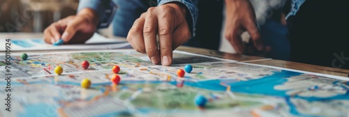 Focused planning over a travel map - Hands pointing at various destinations on a map, suggesting meticulous travel planning and adventure photo