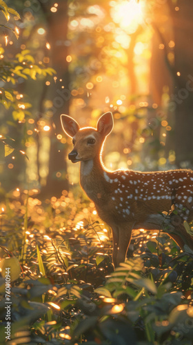 Fawn bathed in golden sunlight in forest - A young fawn stands in a spotlight of golden sunlight filtering through a forest, suggesting innocence and new beginnings
