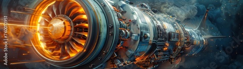 Futuristic jet engine in operation - An immersive, high detail image showcasing the intricate design of a futuristic jet engine amidst clouds and energy bursts
