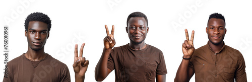 Portrait Collection of black man in brown shirt with peace sign hand pose isolated on a white background as transparent PNG
 photo