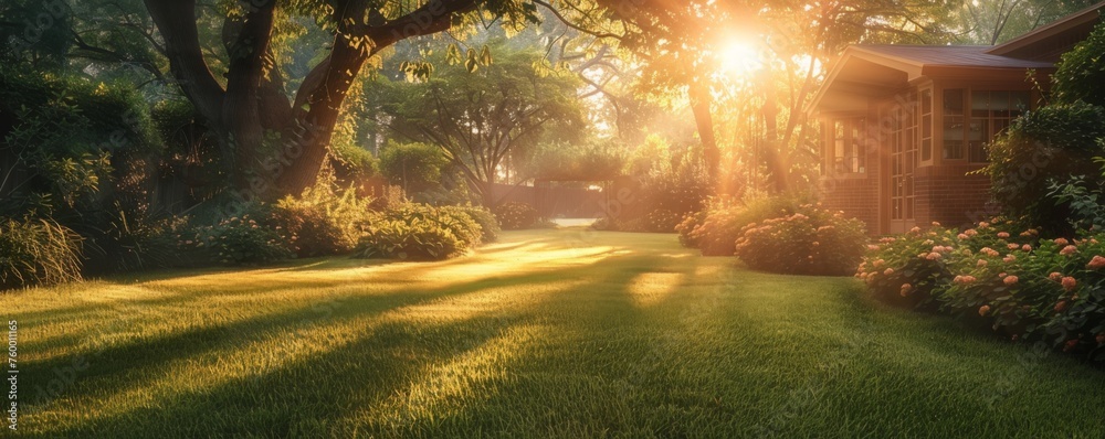 Lush garden lawn next to a cozy suburban home - Warm sunlight kisses a well-manicured lawn and garden beside a welcoming suburban house - obrazy, fototapety, plakaty 