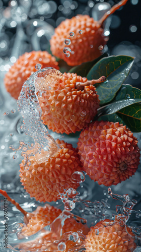 Lychee fruits splashed with water droplets - Fresh lychee fruits are caught in a dynamic splash of water droplets, highlighting freshness and vitality