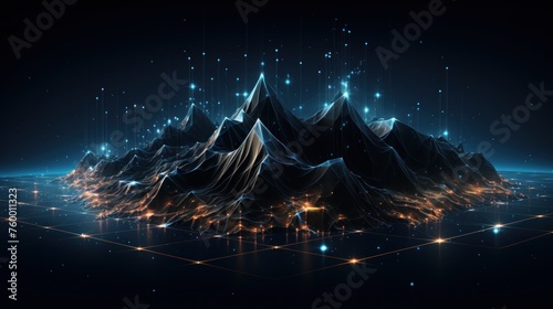 Illustrate the abstract resilience of IT systems, with digital mountains representing the strength to withstand challenges