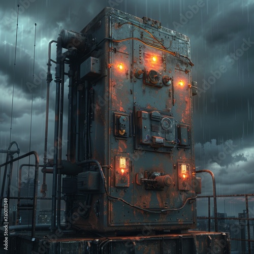 Rusted transformer box on rainy rooftop - A rusted and worn transformer box on a building rooftop with a rainy, brooding cityscape in the background