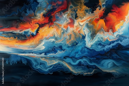 Vibrant abstract painting with swirling patterns of orange, red, and blue suggesting tumultuous natural phenomena.