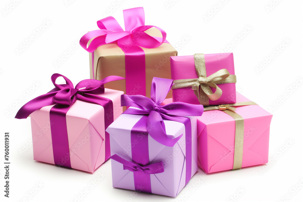 Festive gift boxes decorated with shiny bows isolated on white background Festive gift boxes decorated with shiny bows isolated on white background