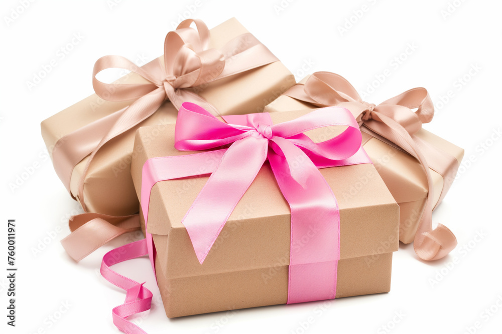 Festive gift boxes decorated with shiny bows isolated on white background Festive gift boxes decorated with shiny bows isolated on white background