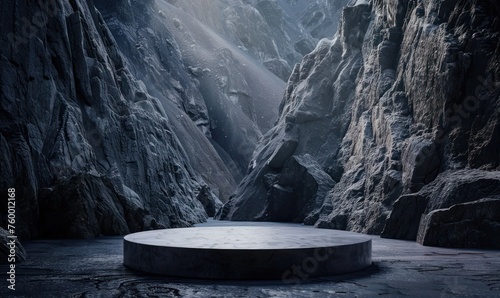Empty Round Podium in Middle of Dark Rocky Cliff Background with Copy Space. Stage Amidst a of Dark Rocky Cliff