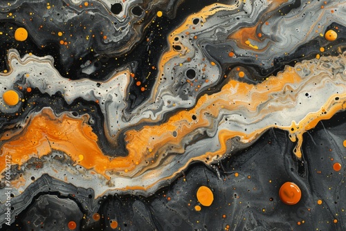 An abstract painting featuring swirling orange and black patterns resembling natural marble or agate.