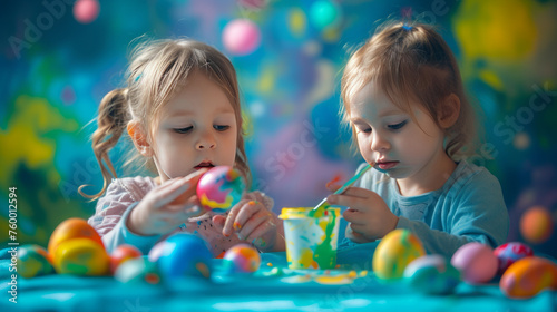 Children painting eggs with vibrant hues