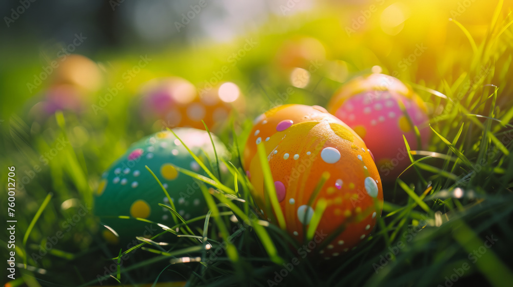 Colorful Easter eggs hidden in grass background Colorful Easter eggs hidden in grass background