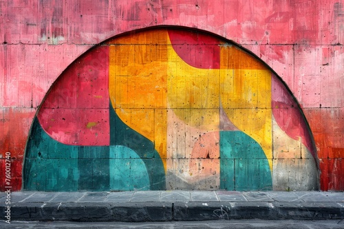 A vibrant graffiti wall with geometric shapes in bold red, yellow, and green against a grungy background.